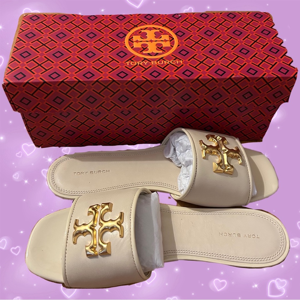 tory burch eleanor slide cream gold 9.5 brand new with box